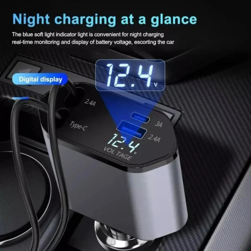 4-in-1 Retractable Car Charger | Dual USB & USB-C PD Fast Charging, 100W