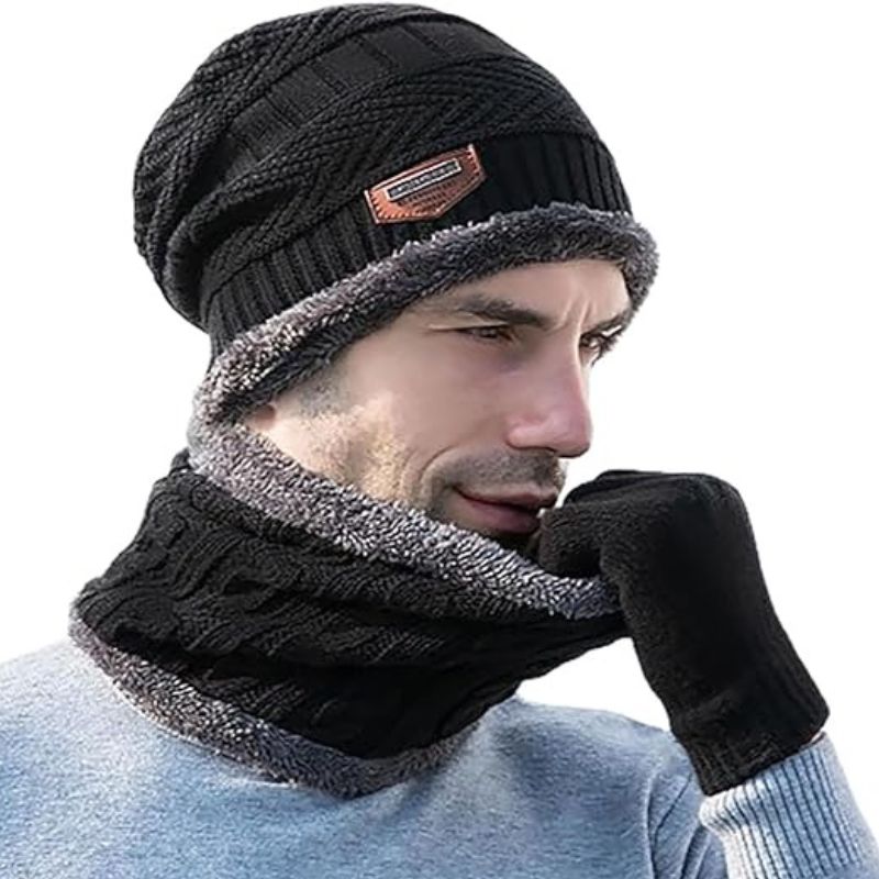 Winter Wool Cap with Neck Warmer Set | Thermal Beanie & Scarf Combo for Men and Women | Black And Gray