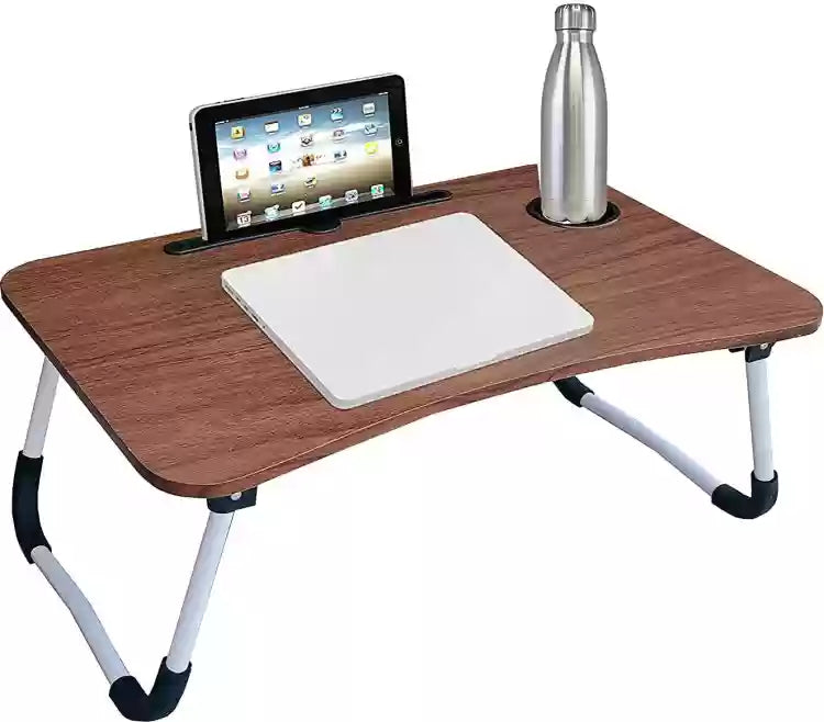 Laptop Table | Brown Color | Foldable Legs, Tablet Groove & Cup Slot | Perfect for Working, Reading, Writing, and Eating