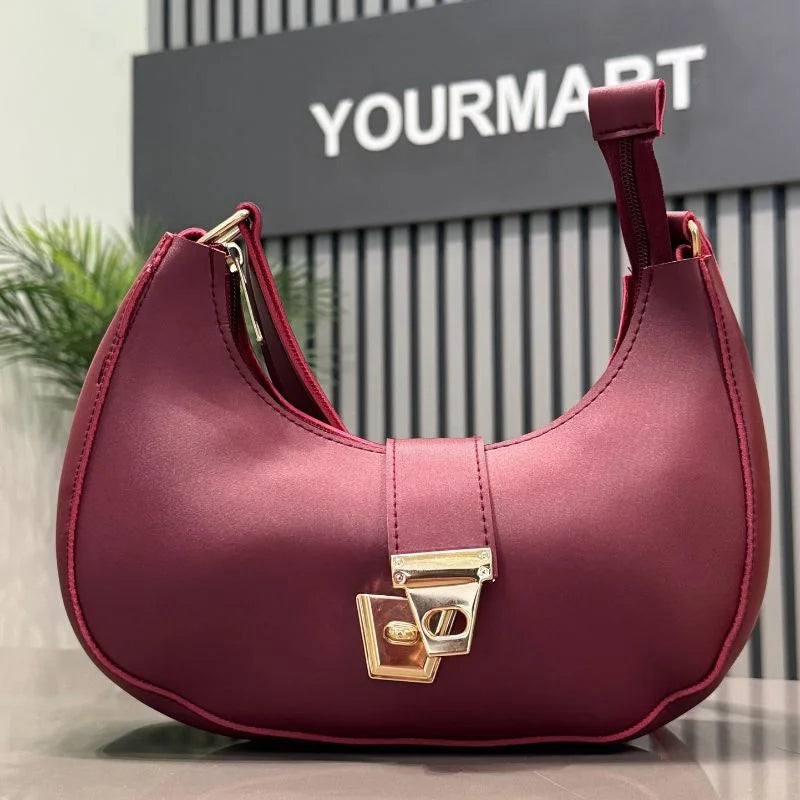 Crescent Luxury Faux Leather Shoulder Bag | Maroon Elegant Handbag for Women