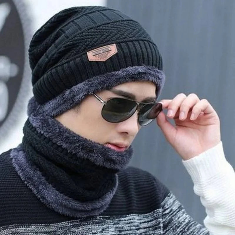 Winter Wool Cap with Neck Warmer Set | Thermal Beanie & Scarf Combo for Men and Women | Black And Gray